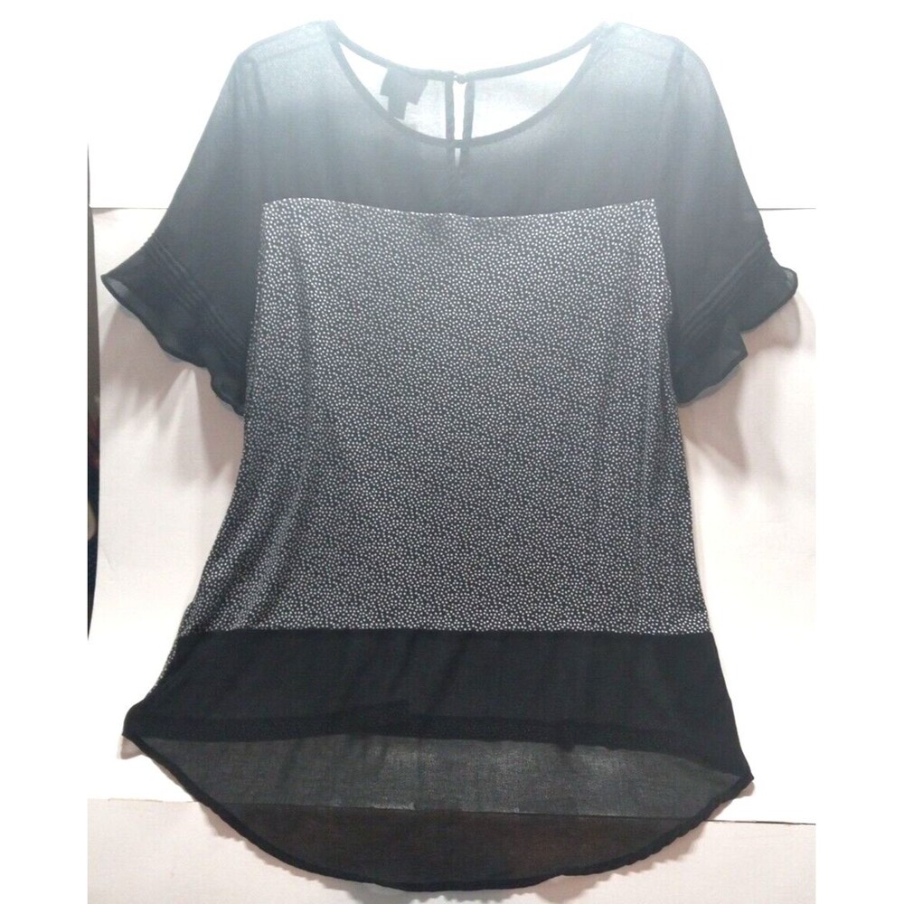 Worthington Blouse Dots Sheer Bodice & Bottom High Low Hemline Flutter Sleeves